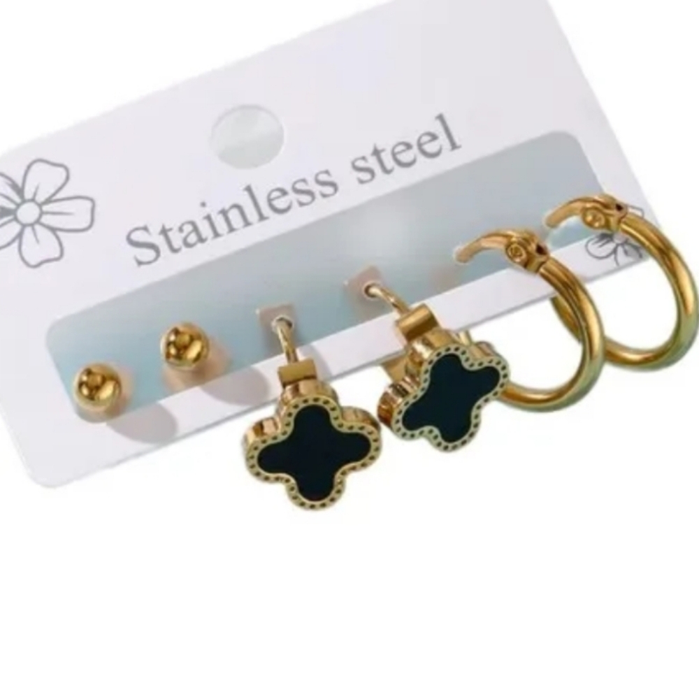 3 Pairs Stainless Steel Gold Plated Earings, New